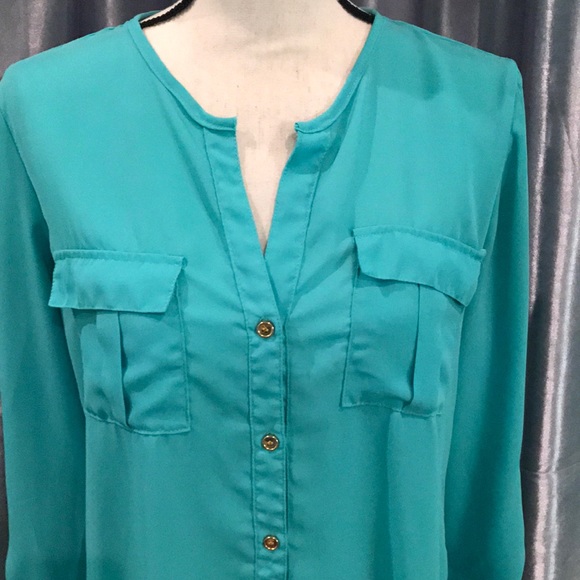 Mint Blue Button Up Blouse - Picture 1 of 4